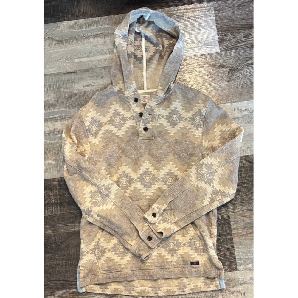 Faherty Brand Southwestern Geometric Hooded Henley Pullover Grey Cream XS